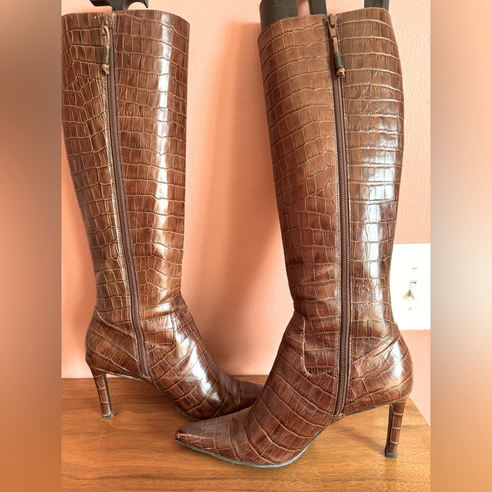Ralph Lauren Brown Leather Croc-Embossed Knee-High Boots Women’s 7